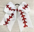 Handgefertigte weiße Haarschleife aus Ripsband mit rotem Glitzer-Baseball-Nahtmuster - Einzelstück (5118) / 8 Zoll / Weiß