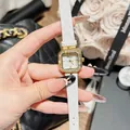 Detail view of Dinimi square women's watch with white quilted leather strap and rhinestone bezel - White