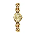 Vintage gold women's quartz bracelet watch with oval dial and decorative stones. - Gold Case Gold Dial Brown Beads (Chalcedony)