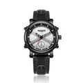Unisex fashion quartz watch with black leather strap and peace symbol detail on silver dial - Black