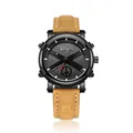 Unisex high-fashion quartz wrist watch featuring a brown leather strap and textured black dial - Coffee