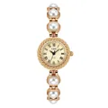 Vintage style gold-tone ladies bracelet watch with integrated white pearl links - Gold Case Artificial Pearl (52108)