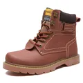 Detailed side view of reddish brown leather work boot featuring Goodyear welted sole - 38 / Flats / Tan