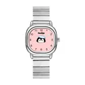 Reloj de cuarzo cuadrado de acero plateado con tierno pingüino dibujado en esfera rosa - Rosa Plata