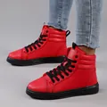Side view of red high-top casual fashion boots for outdoor wear featuring black laces - 35 / Red