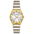 Elegante reloj de cuarzo para mujer GEDI con correa de acero bicolor y fecha - Oro-Plata Blanco