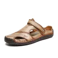 Breathable men's tan leather outdoor sandals with hollowed design for summer hiking comfort - 40 / 898 Khaki