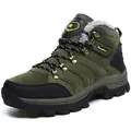 Detailed view of olive green high-top hiking boots with warm grey faux fur lining - 36 / Green
