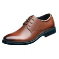 Detailed side view of classic brown men's leather business derby shoes with elegant laces - 38 / Brown