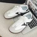 Professional white wide-toe barefoot hiking sneakers with black stripes and durable gum sole. - 37 / White