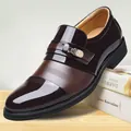 Men's formal business brown leather slip-on shoes with elegant glossy finish and buckle - 38 / Brown