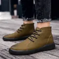 Men's stylish olive green warm leather high-top boots with fleece lining for outdoor leisure - 38 / Fleece Lined / Khaki