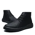 Stylish men's black genuine leather high-top work boots for autumn and winter outdoor - 38 / Flats / Black