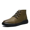 Men's high-top brown leather work boots with pebbled texture and durable black soles - 38 / Flats / Khaki