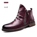 Vintage red leather men's boots with side zipper and pleated detail - 44 / Red