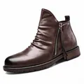 Men's retro pleated leather Chelsea boots with stylish side zipper in grey color - 40 / Gray