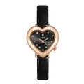 Elegant rose gold heart-shaped women's quartz watch featuring a black leather strap - Rose Gold Case Black Dial Black Strap
