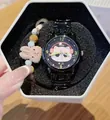 Süße Katzen-Armbanduhr mit Schleifenarmband und passendem Hasen-Armband-Set - Kopfhörer-Katzen-Uhr Mit Kaninchen-Armband-Set / Gunmetal-Schwarz