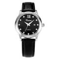 Elegant women's quartz watch with starry sky dial, diamond markers, and black leather strap - Black Leather Silver Frame (Smooth Edge)