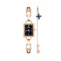 Elegant rose gold rectangular watch with starry blue dial and matching clover bracelet set. - Rectangle Dial / Rose Gold Blue
