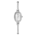 Elegant silver-toned tonneau watch with sparkling diamond-encrusted band for women. - Hexagonal Dial / Silver White