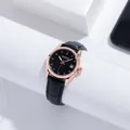 Elegant rose gold ladies watch featuring black leather strap and rhinestone hour markers - Black