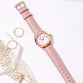 Elegant pink leather strap women's quartz watch with rhinestone markers and date display - Upgraded Pink Gold Frame