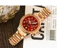 Close-up of GUOU rose gold watch with deep red dial and multi-function sub-dials - Rose Gold Steel Red Dial