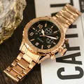 GUOU rose gold metal strap watch with black dial and multi-function date display - Rose Gold & Black