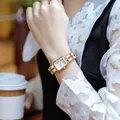 Gedi elegant women's watch with gold rectangular face and white woven chain strap - Gold/White