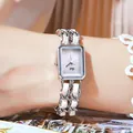 Elegant Gedi rectangular watch for women with silver case and white woven chain strap - Silver White