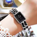 Gedi minimalist women's quartz watch with an elegant black woven chain bracelet strap - Silver Black