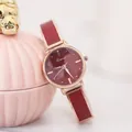 Kimio elegant women's watch with wine red leather strap and rose gold starry sky dial - Rose Gold Red