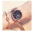 Montre à quartz élégante en or rose pour femme avec cadran noir multifonction - Or Rose & Noir