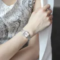 GEDI elegant square quartz watch for women with silver rhinestone bezel and mesh strap - Silver White