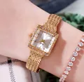 Elegant Gedi women's gold quartz watch with square rhinestone face and mesh strap - Gold White