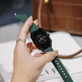 Detailed close-up of a women's watch with a dark green silicone strap and square face - Black Gun Frame (8162 Silicone Strap) / Dark Green