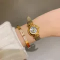 DINIMI elegant lady's quartz watch with retro Roman dial and grey leather strap - Grey Leather Gold Case