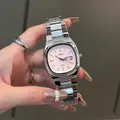 Elegante Damen-Quarzuhr mit abgerundetem quadratischem Gehäuse und rosa Zifferblatt. - Rosa