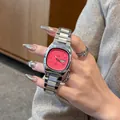 GEDI Damen-Quarzuhr im Retro-Stil mit pinkem quadratischem Blatt und Silberarmband - Fuchsia