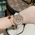 Elegant luxury women's rhinestone encrusted watch with white leather strap and flower dial - Rose Gold Case White Leather
