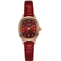 Elegante Damenarmbanduhr mit rotem Lederarmband, roségoldenem ovalem Gehäuse, Rot - Roségold Gehäuse Rotes Zifferblatt Rotes Armband (Bambus-Muster)