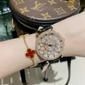 Luxury women's watch with a sparkling diamond-encrusted bezel and a sleek black leather strap - Rose Gold Case Black Leather