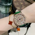 Luxury DINIMI women's quartz watch featuring a full rhinestone dial and vibrant green leather strap - Rose Gold Case Green Leather