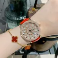 DINIMI women's fashion watch with red leather strap and rotating diamond petal dial - Rose Gold Case Red Leather