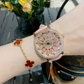 Montre de mode DINIMI pour femme avec lunette sertie de diamants et bracelet en cuir rose - Rose Gold Case Pink Rhinestone Pink Leather