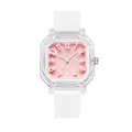 Stylish women's pink and white square quartz watch with a durable silicone strap - White Strap Pink Dial