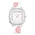Minimalist women's square quartz watch with white silicone strap and pink patterns - White and Pink Strap White Dial