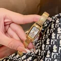 Elegant Dimini vintage square gold-tone quartz watch for women with stretch metal strap - Gold Stretch Band White Dial