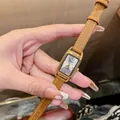Elegant Dimini vintage rectangular quartz watch for women with brown leather strap. - Brown Leather Strap Gold Case White Dial